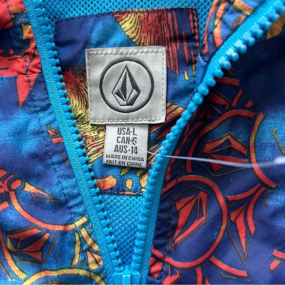 Volcom Kids Hooded Windbreaker Jacket Multicolor Graphic Print‎ Blue Red Size L